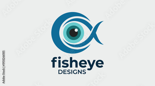 This imaginative logo highlights a stylized fish eye, emphasizing creativity and design with fluid lines and vibrant blue tones, embodying artistic innovation.