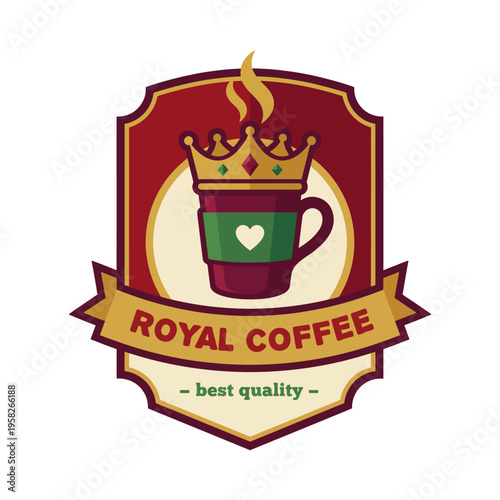 This logo features a cup of coffee with a crown, symbolizing quality and excellence in coffee products, designed in a regal and vibrant style.