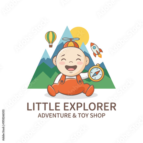 This logo features a joyful child with toys and landscapes, capturing the playful essence of a toy shop, designed to evoke happiness and adventure for young explorers.