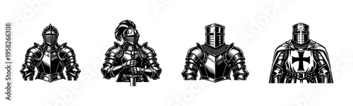Medieval knight armor silhouettes, black and white vector illustration, historical theme