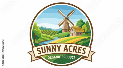 A vibrant illustration of a picturesque farm landscape with a windmill, fields, and a serene stream, representing organic produce and sustainable agriculture.