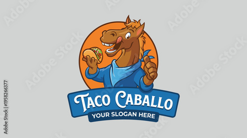 This vibrant logo features a cartoon horse happily holding a taco, set against a bright circular background, conveying a fun and welcoming food vibe for a restaurant.
