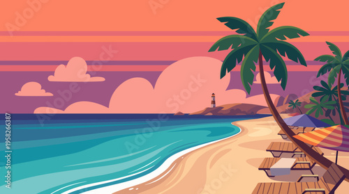 A captivating sunset landscape featuring a serene tropical beach, palm trees, and colorful clouds, evoking feelings of relaxation, beauty, and escape to paradise.