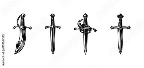 Detailed black and white vector illustration of various swords silhouettes