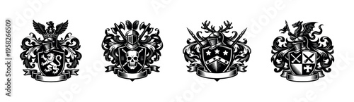 Heraldic crests with shields and symbols vector, black and white silhouette illustration