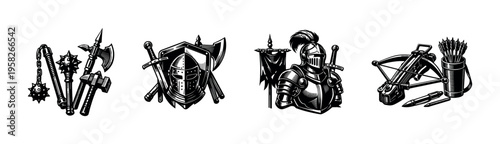 Medieval weaponry and armor vector illustration set featuring knight elements in black and white