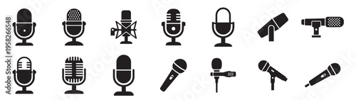 microphone icons set with audio recording studio podcast and broadcast equipment silhouettes on transparent background