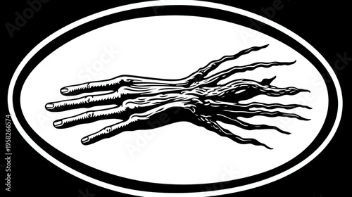 A grayscale illustration of a hand, transitioning into intricate, textured tentacles within an oval frame