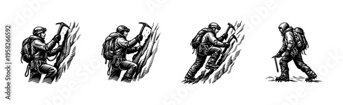 Vector illustration of mountaineer silhouettes climbing with ice axes in black and white style