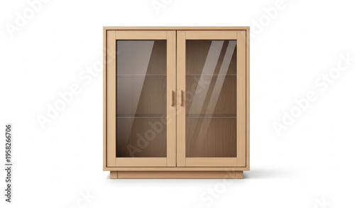 Light wood cabinet with glass doors front view realistic furniture vector isolated on white background