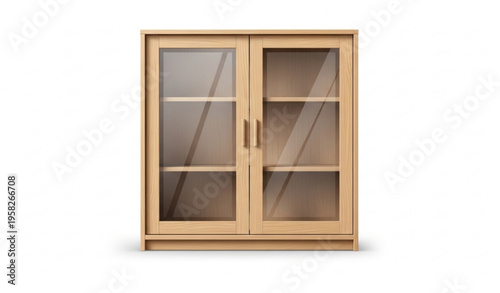 Light wood cabinet with glass doors front view realistic furniture vector isolated on white background