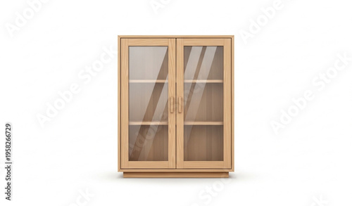Light wood cabinet with glass doors front view realistic furniture vector isolated on white background