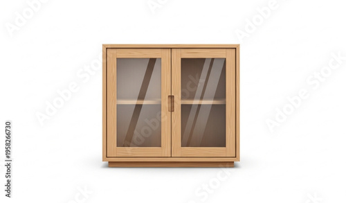 Light wood cabinet with glass doors front view realistic furniture vector isolated on white background