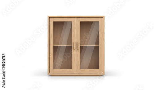 Light wood cabinet with glass doors front view realistic furniture vector isolated on white background
