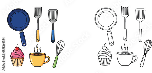 Kitchenware icons with cupcake and coffee cup vector illustration and coloring page version