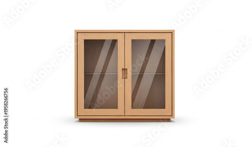 Light wood cabinet with glass doors front view realistic furniture vector isolated on white background
