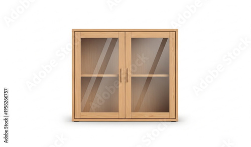 Light wood cabinet with glass doors front view realistic furniture vector isolated on white background