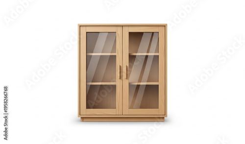 Light wood cabinet with glass doors front view realistic furniture vector isolated on white background