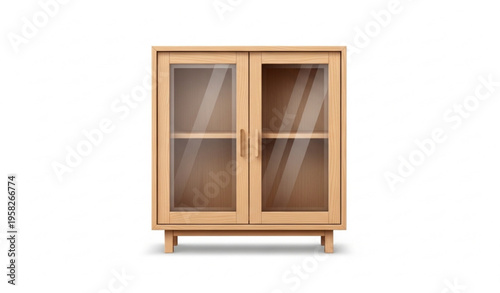 Light wood cabinet with glass doors front view realistic furniture vector isolated on white background