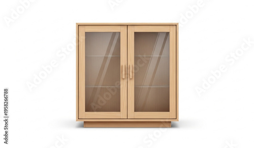 Light wood cabinet with glass doors front view realistic furniture vector isolated on white background