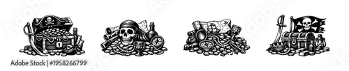Pirate treasure chest and skull with coins black and white vector illustration