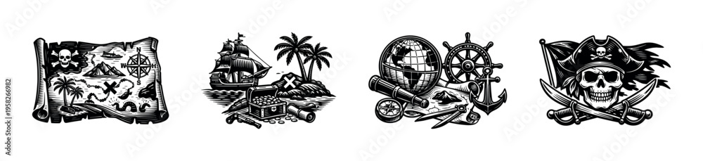 Obraz premium Black and white pirate themed illustrations with map ship and skull vector elements