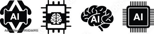 AI learning chip silhouette icons, artificial intelligence processor symbols