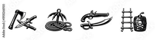 Vintage pirate themed illustrations featuring weapons anchor rope and barrel elements in black and white