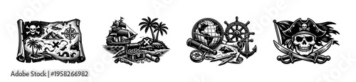 Black and white pirate themed illustrations with map ship and skull vector elements