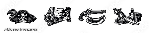 Pirate themed vintage illustrations featuring hat map weapons and treasure in black and white silhouette style