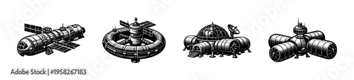 Futuristic space stations vector set, spacecraft illustrations in black and white, silhouette elements