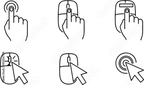 Collection of computer mouse and hand touch interaction icons isolated on white
