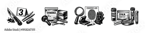 Forensic investigation tools illustration, black and white vector, crime scene elements, evidence collection