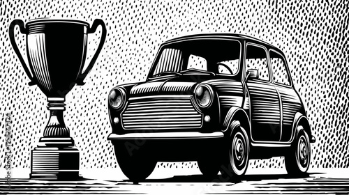 A monochrome illustration of a classic car next to a trophy, set against a dotted background