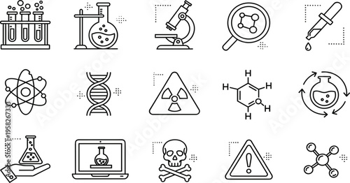 Minimal Chemistry Laboratory Line Icon Set with Science Equipment, Molecule Structures, DNA Helix, and Hazard Warning Symbols