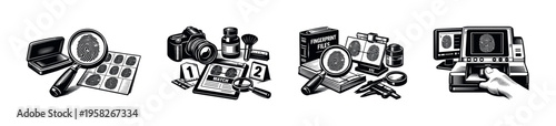 Forensic investigation elements vector, black and white crime scene analysis clipart set
