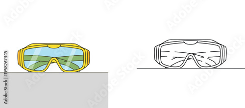 Safety goggles or protective glasses vector illustration with coloring page version for kids