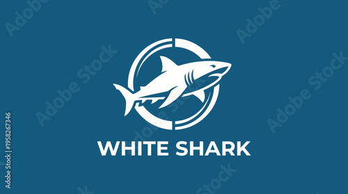 This image depicts a striking white shark logo within a circular design, showcasing a powerful aquatic theme that represents strength and nature's beauty.