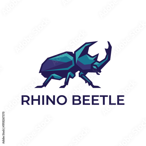 A vibrant and modern graphic of a rhino beetle in an angular design, symbolizing resilience and strength in nature, perfect for logos and creative branding.