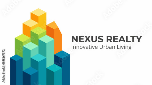 This image features an innovative logo design for Nexus Realty, utilizing colorful geometric shapes to signify urban living and modern architectural concepts.
