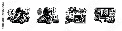 Vintage espionage and surveillance vector illustration set, black and white, spy elements, technology icons