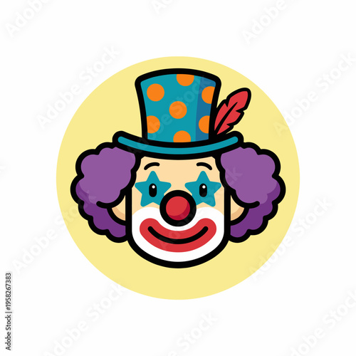 A vibrant and cheerful clown with a jovial expression, adorned with a polka-dotted hat and colorful hair, suitable for kids' events or entertainment-themed projects.