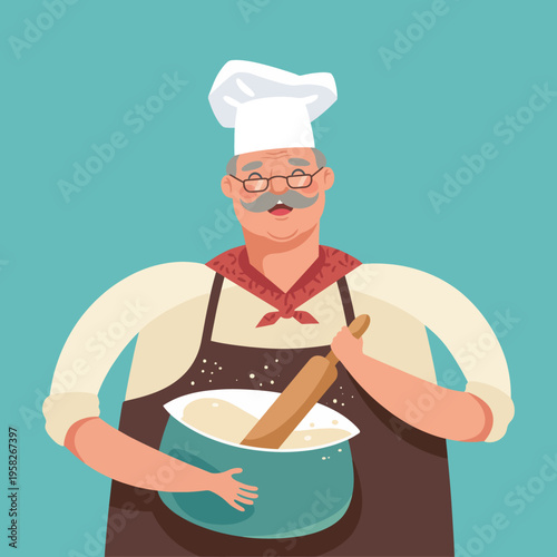 A friendly elderly chef with glasses and a hat is cheerfully mixing dough in a large pot, capturing the essence of home-cooked meals and culinary artistry.