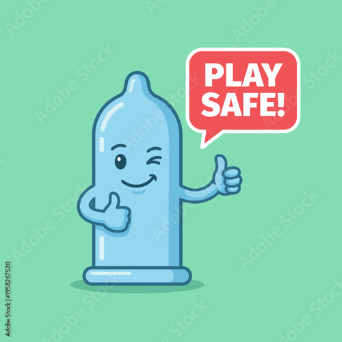 This fun illustration of a condom winking and giving a thumbs up promotes safe sex and awareness, targeting a contemporary and youthful audience.