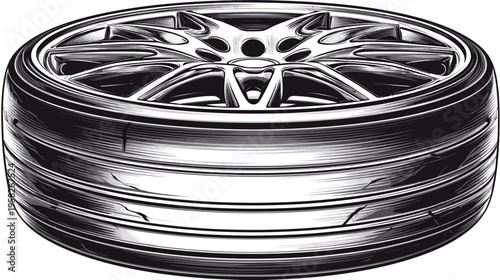 Artistic black and white illustration of a stylized car tire with a complex spoke design