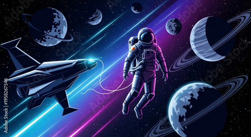 Astronaut floating in space with spaceship and celestial bodies stars and planets in background with vibrant purple and blue neon lights