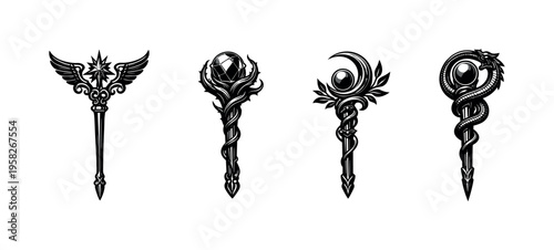 Black and white vector magic wands with ornamental designs and mystical elements