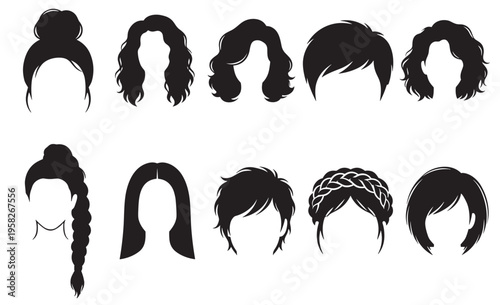 female hairstyle icons set with various haircuts including curly straight braid bun and bob silhouettes on transparent background