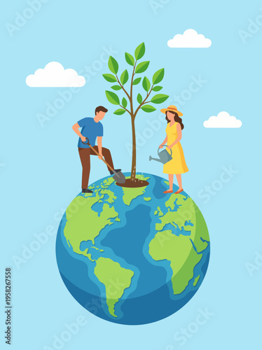 This colorful illustration portrays two individuals planting a tree on a globe, representing environmental care and the importance of planting trees for a sustainable future.