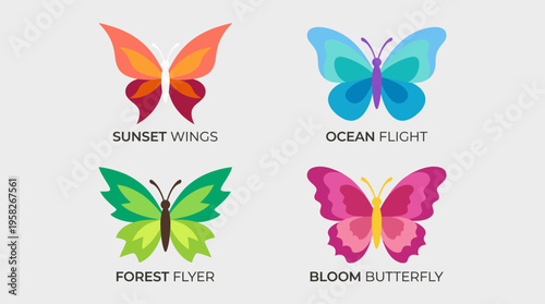 This vibrant image features four beautifully designed butterflies, each embodying a unique theme and color palette, highlighting the beauty of nature and the diversity of butterflies.
